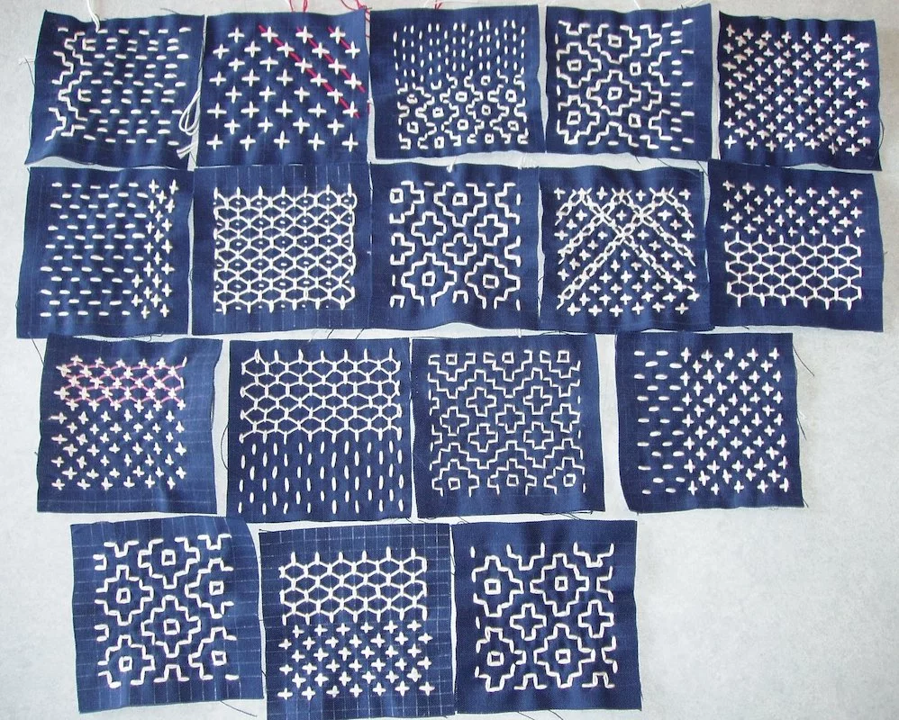 Hitomezashi Stitches made in class with the author and teacher Susan Briscoe